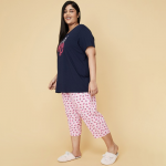 Women Plus Size Navy Blue & Pink Printed Pure Cotton Night suit
